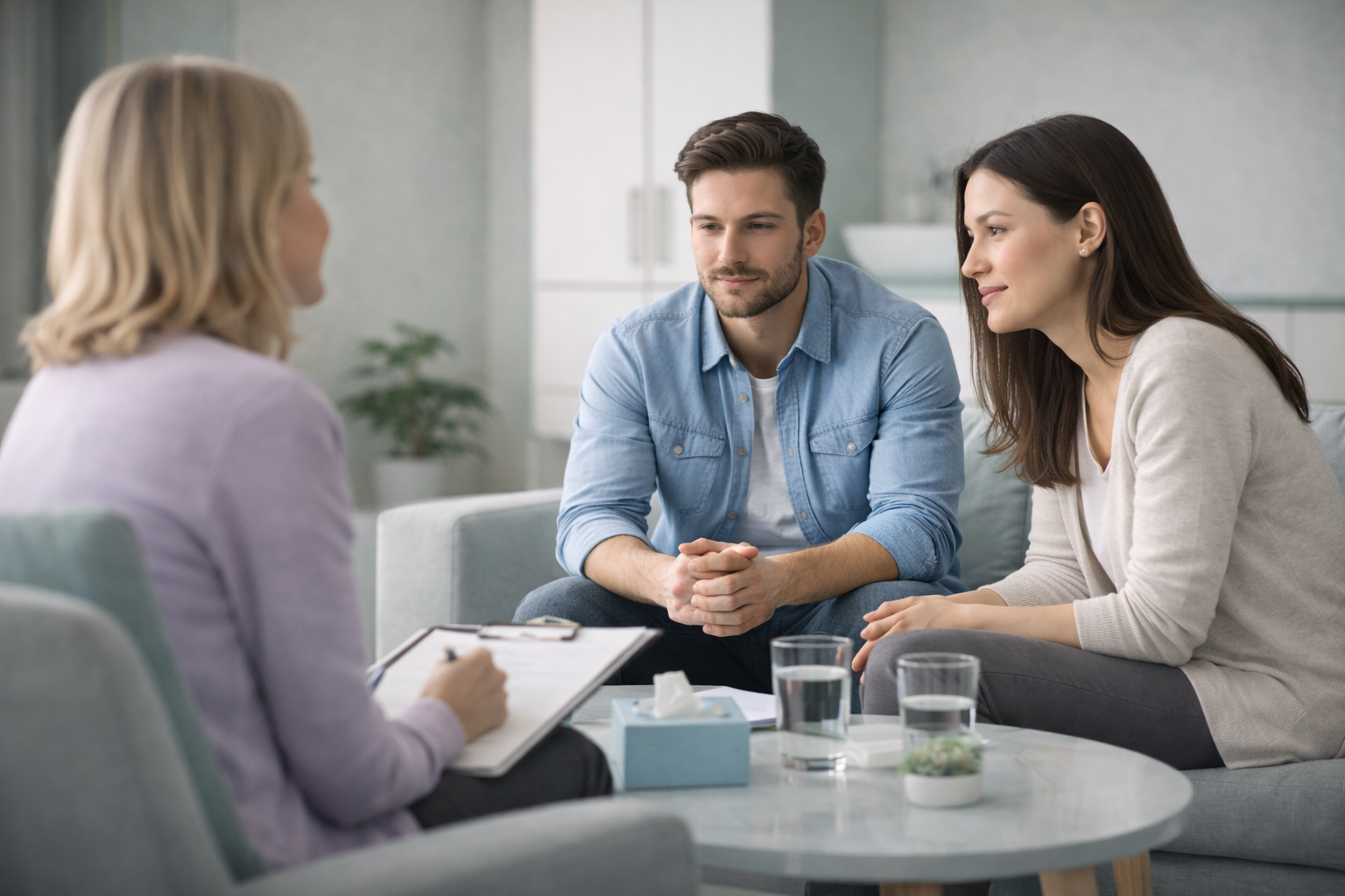 Illustration of a mediator sitting with one person, having a conversation in a welcoming office setting.